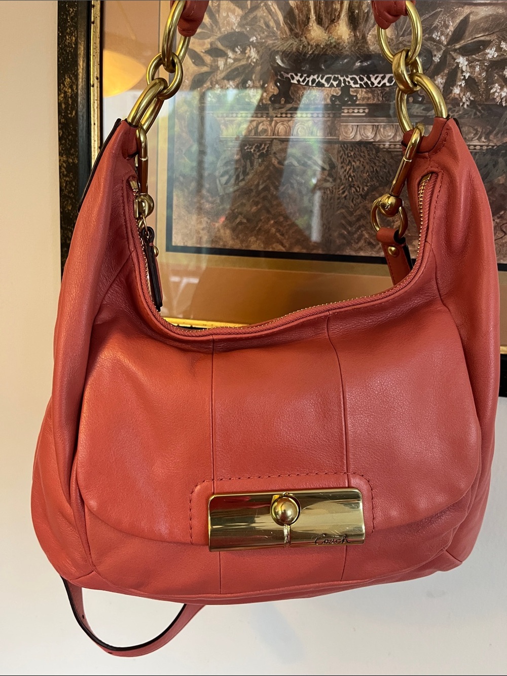 Coach Coral-Red Leather Shoulder Bag with Gold Hardware